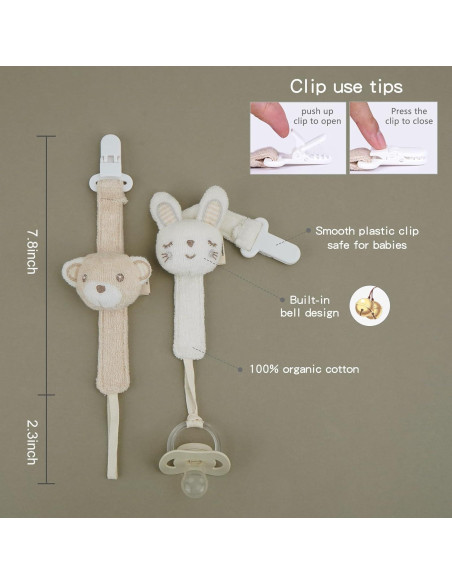 Clip de Chupete COTTONBEBE Unisex Elefante y Oso - 2 Piezas