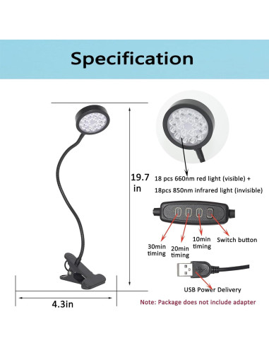 Lámpara Terapia Luz Roja U4GLORY 18 LEDs 660/850nm Ajustable
