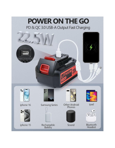 Cargador USB-C 20V 6.0Ah Black & Decker para Aspiradora