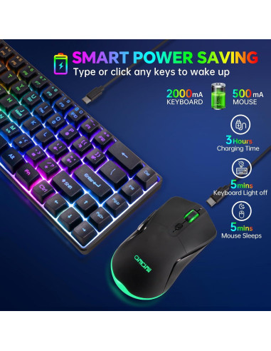 CHONCHOW Combo Teclado y Ratón Inalámbricos 68 Teclas LED