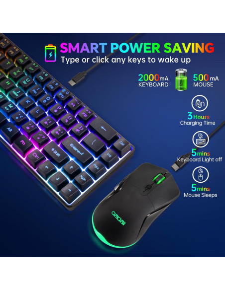 CHONCHOW Combo Teclado y Ratón Inalámbricos 68 Teclas LED