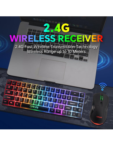 CHONCHOW Combo Teclado y Ratón Inalámbricos 68 Teclas LED