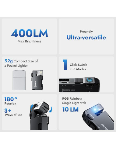 Linterna EDC Recargable WUBEN G5, 400 Lúmenes, Mini y Magnética