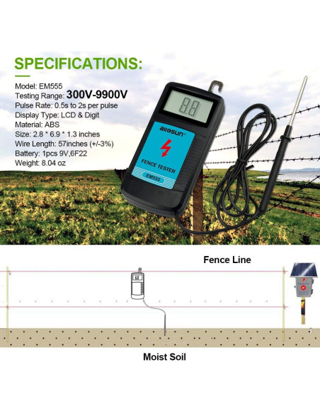 Medidor de Voltaje de Cerca Eléctrica Digital Allsun 300V-9900V