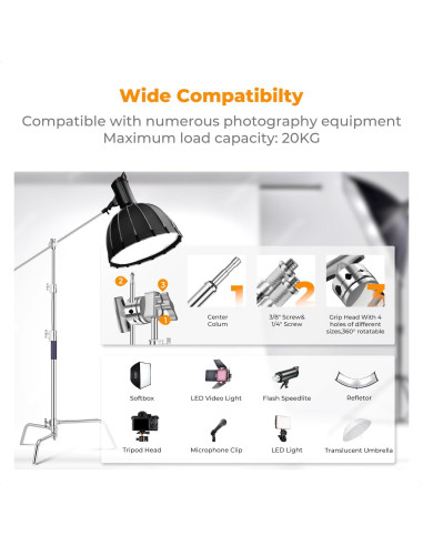 Soporte de Luz Fotográfica K&F Concept 330cm Ajustable 20kg