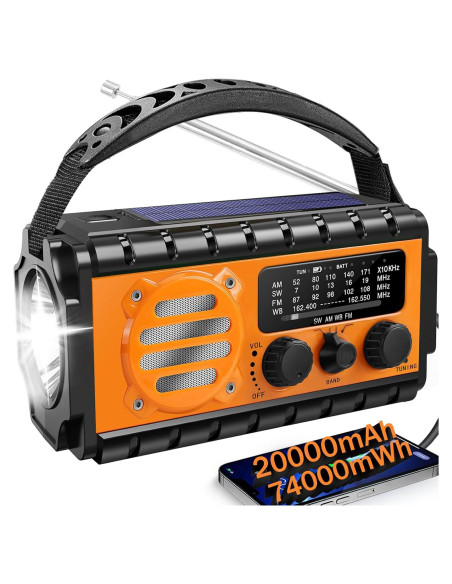 Radio de Emergencia QAUYYW 74000mWh Solar Manivela IPX6