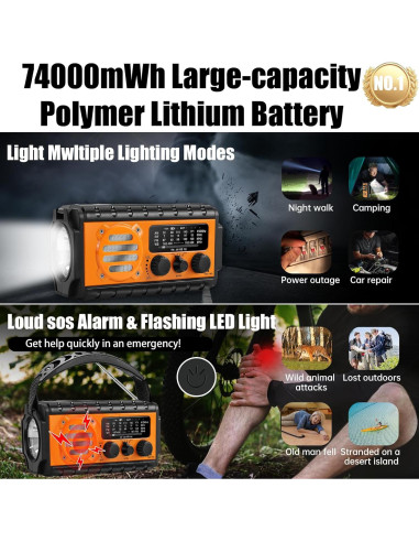 Radio de Emergencia QAUYYW 74000mWh Solar Manivela IPX6
