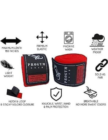 Vendajes de Mano de Boxeo ProGym Gear 4.5m Rojo Elástico