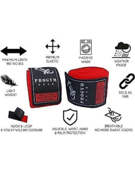 Vendajes de Mano de Boxeo ProGym Gear 4.5m Rojo Elástico