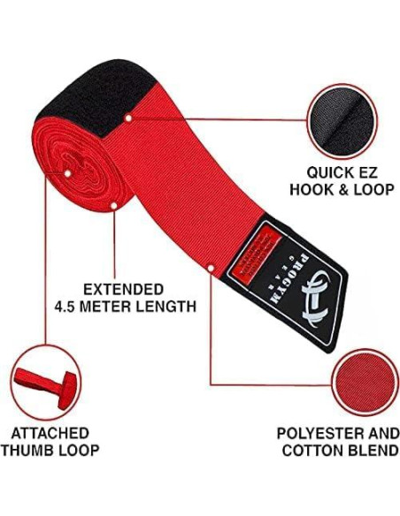 Vendajes de Mano de Boxeo ProGym Gear 4.5m Rojo Elástico
