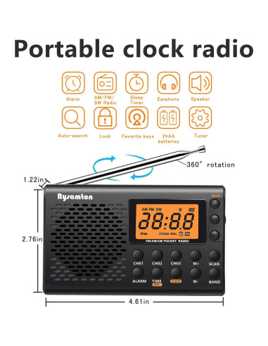 Radio portátil AM/FM/SW Rysamton YK-M03, despertador y temporizador