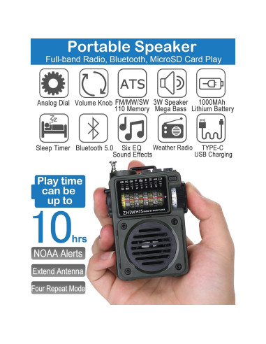 Radio Portátil ZHIWHIS ZWS-700 Bluetooth con Temporizador