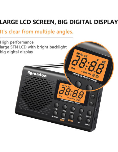 Radio portátil AM/FM/SW Rysamton YK-M03, despertador y temporizador