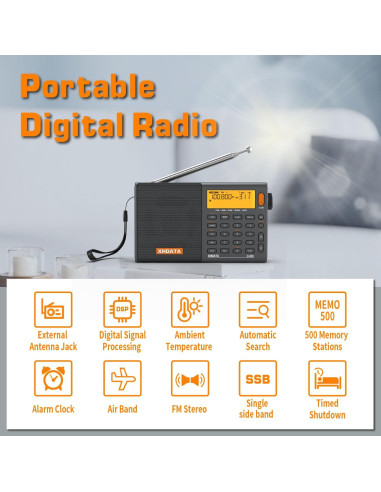 Radio Portátil Multibanda XHDATA D808 Gris AM FM SW LW