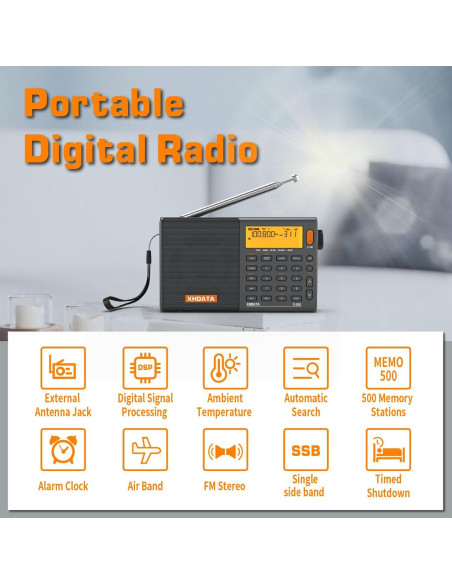 Radio Portátil Multibanda XHDATA D808 Gris AM FM SW LW