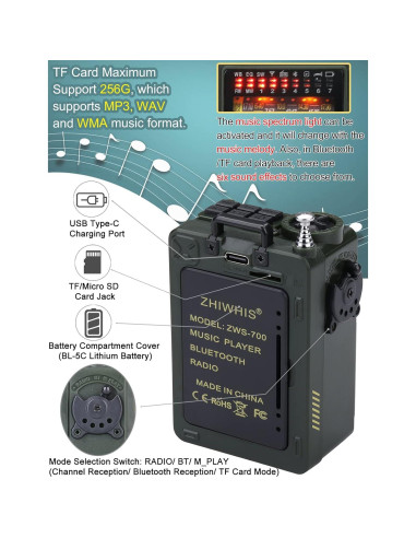 Radio Portátil ZHIWHIS ZWS-700 Bluetooth con Temporizador