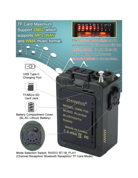 Radio Portátil ZHIWHIS ZWS-700 Bluetooth con Temporizador