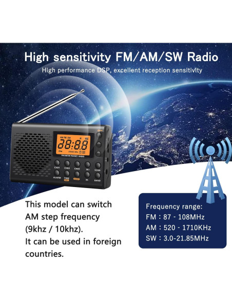 Radio portátil AM/FM/SW Rysamton YK-M03, despertador y temporizador