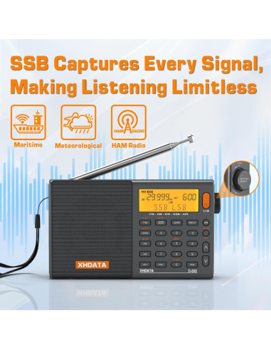 Radio Portátil Multibanda XHDATA D808 Gris AM FM SW LW