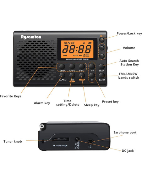 Radio portátil AM/FM/SW Rysamton YK-M03, despertador y temporizador