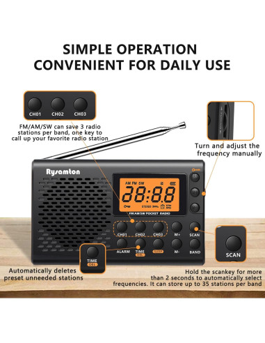Radio portátil AM/FM/SW Rysamton YK-M03, despertador y temporizador
