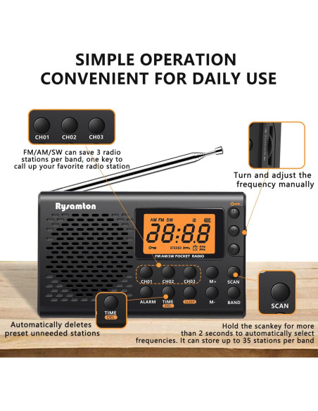 Radio portátil AM/FM/SW Rysamton YK-M03, despertador y temporizador