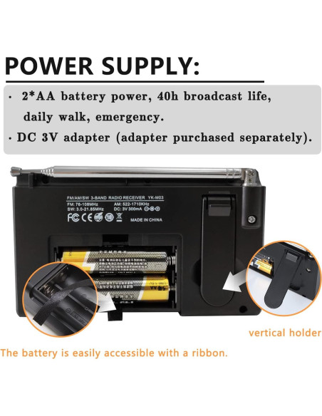 Radio portátil AM/FM/SW Rysamton YK-M03, despertador y temporizador