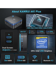 Mini PC KAMRUI AK1PLUS, Intel N95, 8GB RAM, 256GB SSD 2