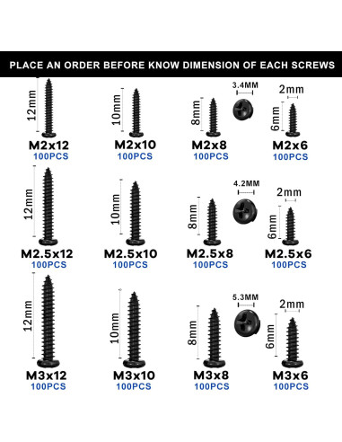 1200 Pcs Tornillos Autoperforantes Phillips M2 M2.5 M3 para Madera
