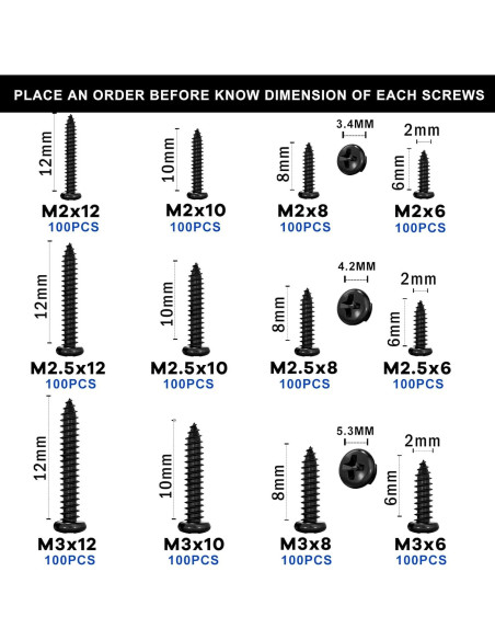 1200 Pcs Tornillos Autoperforantes Phillips M2 M2.5 M3 para Madera