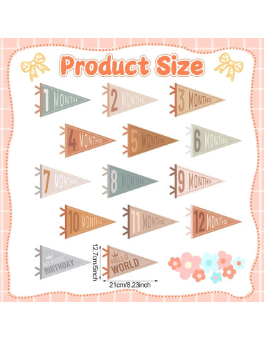 Banderas de Hito Mensual para Bebé 14 Pcs Fieltro Colores Variados