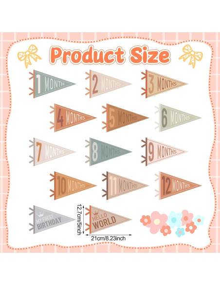 Banderas de Hito Mensual para Bebé 14 Pcs Fieltro Colores Variados