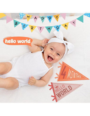 Banderas de Hito Mensual para Bebé 14 Pcs Fieltro Colores Variados