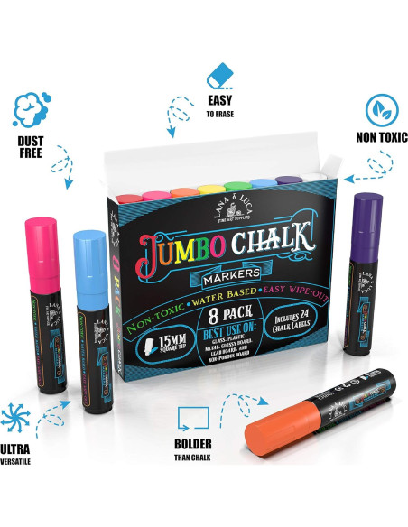 Marcadores de Tiza Líquida Jumbo LANA & LUCA 15mm Multicolor - Paquete de 8