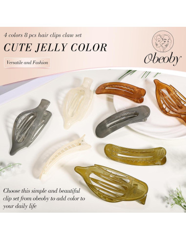 8 Clips de Pelo Planos Obeoby, 2 Estilos, 4 Colores, 10.9 cm