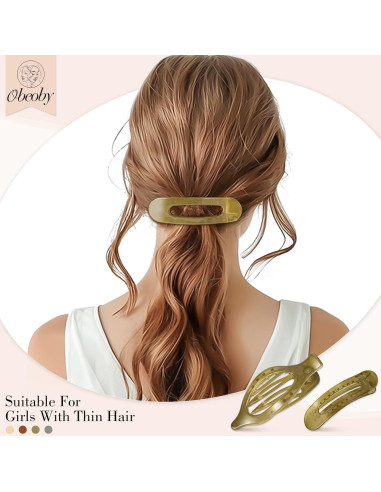8 Clips de Pelo Planos Obeoby, 2 Estilos, 4 Colores, 10.9 cm
