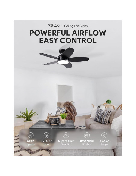 Ventilador de Techo VONLUCE 91.44 cm con Luz LED y Control Remoto