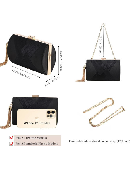 Bolso de mano de noche YAPAIOU negro con borlas 17.5x11.5cm