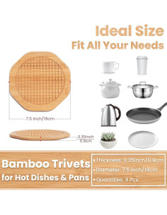 Trivetes de Bambú KITLAB 19 cm Antideslizante 4 Pcs 2