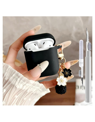 Funda de Silicona Negra para AirPods 1/2 con Llavero y Kit de Limpieza