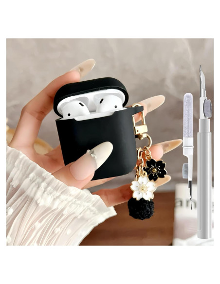 Funda de Silicona Negra para AirPods 1/2 con Llavero y Kit de Limpieza