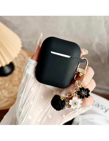 Funda de Silicona Negra para AirPods 1/2 con Llavero y Kit de Limpieza