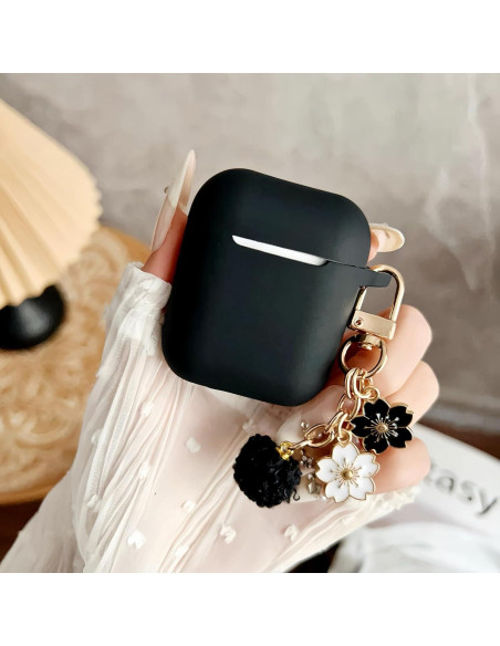 Funda de Silicona Negra para AirPods 1/2 con Llavero y Kit de Limpieza
