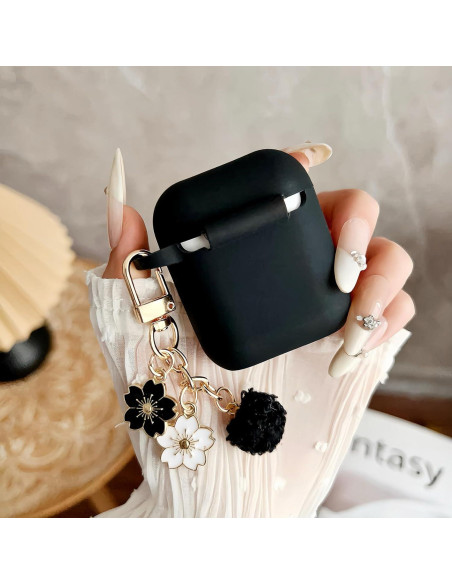 Funda de Silicona Negra para AirPods 1/2 con Llavero y Kit de Limpieza