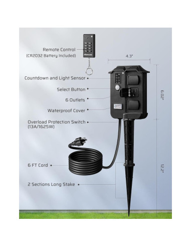 Temporizador de Estaca DEWENWILS 6 Salidas Impermeable Control Remoto