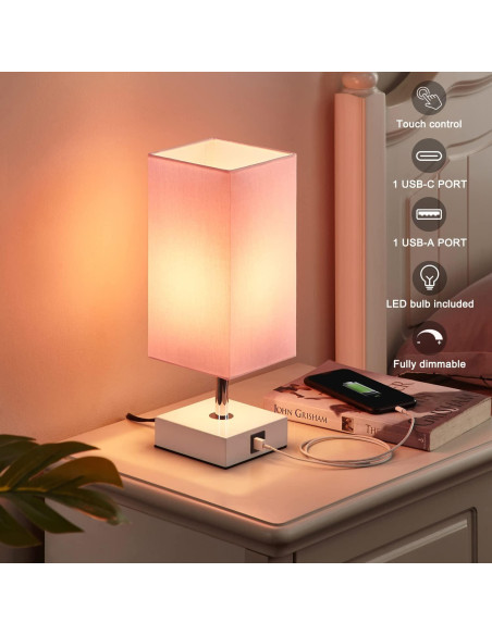 Lámpara de Mesa Táctil Ambimall Rosa con 2 Puertos USB