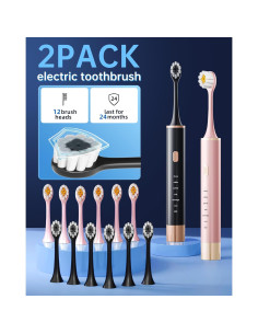 Cepillo de Dientes Eléctrico Aneebart Negro y Rosa - Pack 2, 12 Cabezales, 6 Modos 2