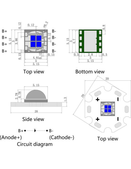 5 Pcs LED Azul 5050 SMD 12W con Placa Aluminio 20mm