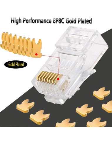 Conectores RJ45 Cat6a Passthrough 50 Paquetes Baño de Oro