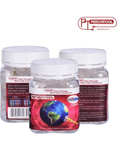 Conectores RJ45 Cat6a Passthrough 50 Paquetes Baño de Oro